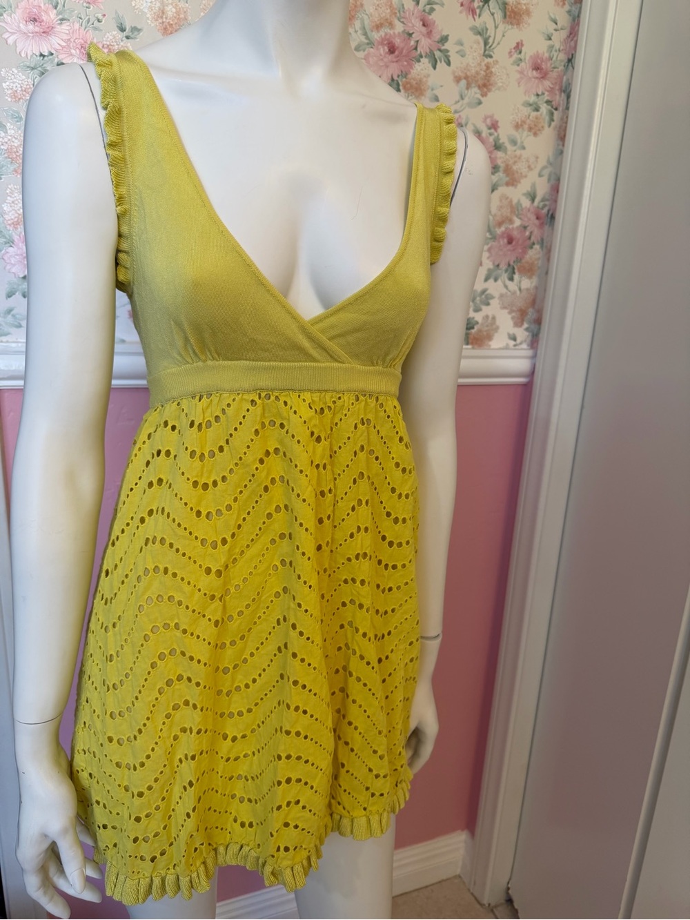bebe Sunlit Yellow Eyelet V-Neck Mini Dress
